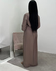 Ayma Mocha Ladies Modest Summer Linen Tie Back Plain Dress