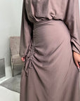 Ayma Mocha Ladies Modest Summer Linen Tie Back Plain Dress