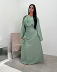Ayma Sage Green Ladies Modest Summer Linen Tie Back Plain Dress