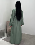 Ayma Sage Green Ladies Modest Summer Linen Tie Back Plain Dress