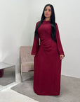 Zaneta Wine Linen Side Button Detail Modest Dress
