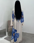 Fitria Navy Linen Floral Printed Tie Back Modest Dress