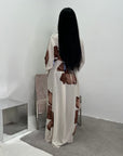 Fitria Chocolate Linen Floral Printed Tie Back Modest Dress