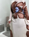 Fitria Chocolate Linen Floral Printed Tie Back Modest Dress