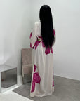 Fitria Pink Linen Floral Printed Tie Back Modest Dress