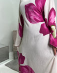 Fitria Pink Linen Floral Printed Tie Back Modest Dress