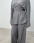 Dina Grey V Neck Pleated Co Ord Set