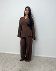 Dina Brown V Neck Pleated Co Ord Set