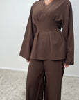 Dina Brown V Neck Pleated Co Ord Set