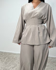 Dina Mocha V Neck Pleated Co Ord Set