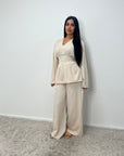 Dina Beige V Neck Pleated Co Ord Set