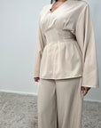 Dina Beige V Neck Pleated Co Ord Set