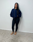 Rira Navy Elasticated Waist & Sleeve Bomber Jacket