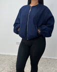 Rira Navy Elasticated Waist & Sleeve Bomber Jacket