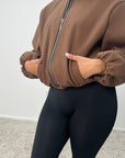 Rira Brown Elasticated Waist & Sleeve Bomber Jacket