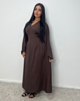 Svana Brown V Neck Pleated Flare Sleeve Dress