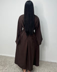 Svana Brown V Neck Pleated Flare Sleeve Dress