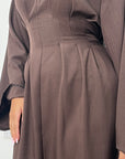 Svana Brown V Neck Pleated Flare Sleeve Dress