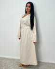 Svana Beige V Neck Pleated Flare Sleeve Dress