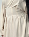 Svana Beige V Neck Pleated Flare Sleeve Dress