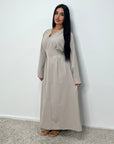 Svana Mocha V Neck Pleated Flare Sleeve Dress