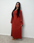 Svana Rust V Neck Pleated Flare Sleeve Dress