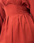 Svana Rust V Neck Pleated Flare Sleeve Dress