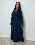 Svana Navy V Neck Pleated Flare Sleeve Dress