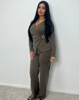 Nadia Brown Soft Wrap Gold Buckle Trouser Co Ord