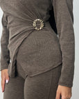 Nadia Brown Soft Wrap Gold Buckle Trouser Co Ord