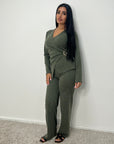 Nadia Khaki Soft Wrap Gold Buckle Trouser Co Ord