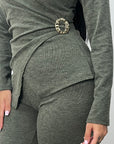 Nadia Khaki Soft Wrap Gold Buckle Trouser Co Ord