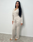 Nadia Beige Soft Wrap Gold Buckle Trouser Co Ord