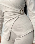Nadia Beige Soft Wrap Gold Buckle Trouser Co Ord