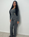 Nadia Grey Soft Wrap Gold Buckle Trouser Co Ord