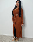 Fida Rust V Neck Gold Buckle Wrap Dress