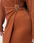 Fida Rust V Neck Gold Buckle Wrap Dress