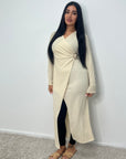 Fida Beige V Neck Gold Buckle Wrap Dress
