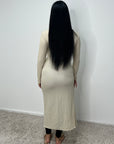 Fida Beige V Neck Gold Buckle Wrap Dress
