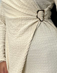 Fida Beige V Neck Gold Buckle Wrap Dress