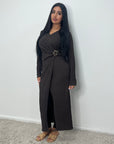 Fida Brown V Neck Gold Buckle Wrap Dress