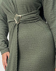 Fida Khaki V Neck Gold Buckle Wrap Dress