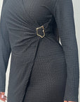 Fida Black V Neck Gold Buckle Wrap Dress