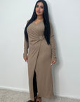 Fida Mocha V Neck Gold Buckle Wrap Dress