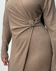 Fida Mocha V Neck Gold Buckle Wrap Dress
