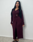 Fida Wine V Neck Gold Buckle Wrap Dress