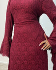 Mya Wine Lace Detail Frill Sleeve Dress