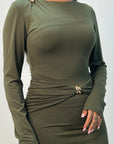 Femi Khaki Soft Wrap Waist Gold Buckle Dress