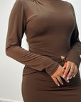 Femi Brown Soft Wrap Waist Gold Buckle Dress