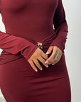 Femi Wine Soft Wrap Waist Gold Buckle Dress
